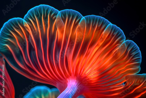 Extreme close up of mushrooms in the rays of the neon © DP