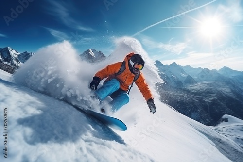 skier jumping in the snow mountains on the slope with his ski and professional equipment on a sunny day, Illustration Winter Sport, Snowboard and Skii