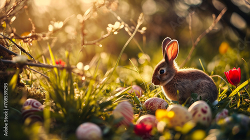 Easter bunny and easter eggs in the grass. Easter background © Jioo7