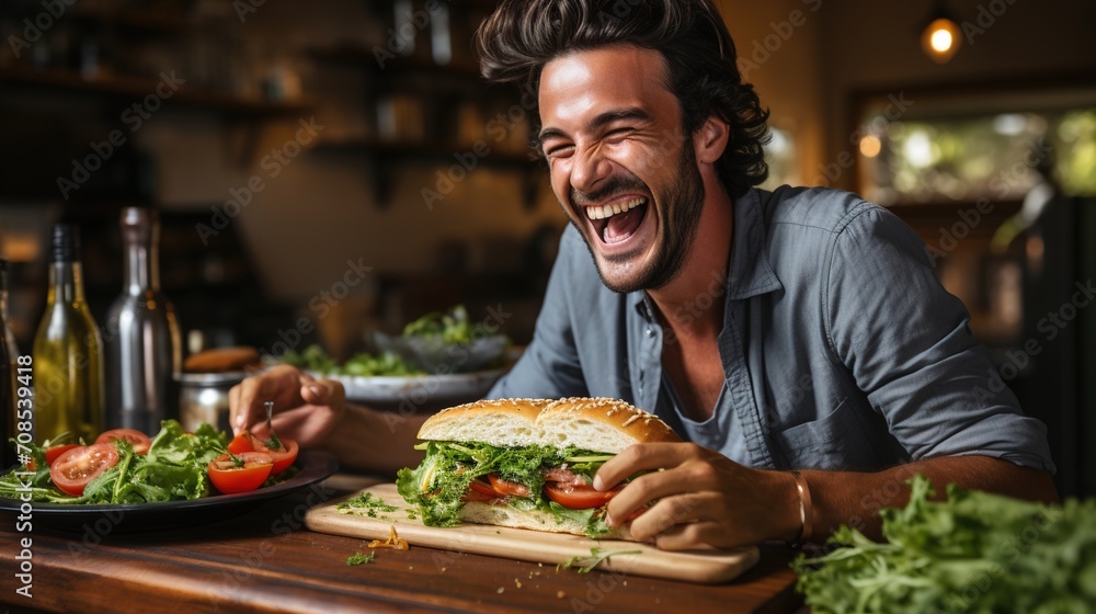 Laughing man eating a sandwich in the kitchen