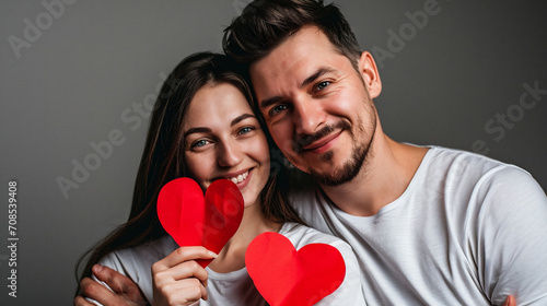Cute young couple is holding red paper hearts, looking at camera and smiling while standing against grey background