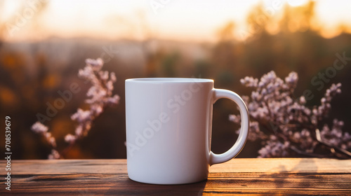 White coffee cup on wooden table in front of blurred nature background.