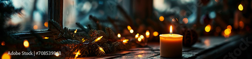 Christmas tree branches with glowing garland lights. New Year and Christmas background