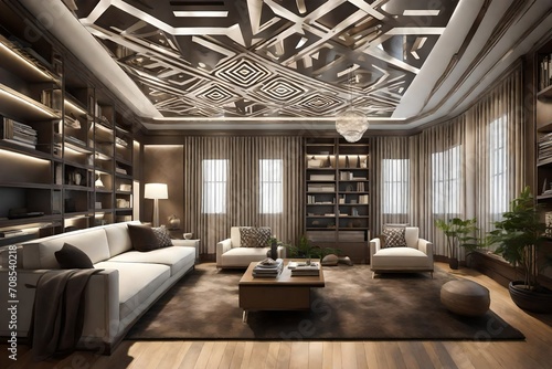 A modern room with a sleek ceiling design, illuminated by recessed lights and adorned with geometric patterns.