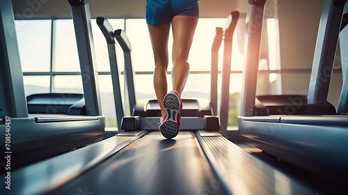 Runner running on treadmill in fitness club, photo of legs down, close up photo