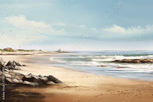 Beautiful seascape in digital watercolor style. Sandy beach with rocks and sea waves. Generative AI.
