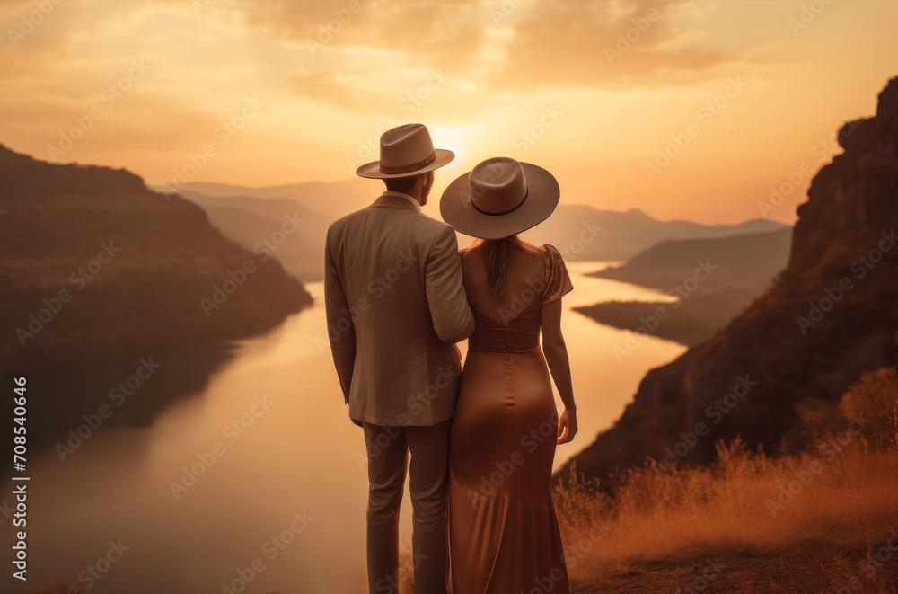Married couple in stylish elegant clothes watches sunset in park. Generated AI.