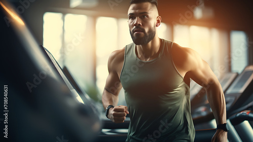 Sportsman runner running on treadmill in fitness club
