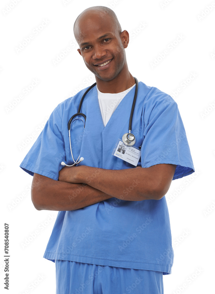 Man, portrait and surgeon in studio with arms crossed for healthcare services, medicine and consulting on white background. Happy african doctor, professional medical employee and working with pride Man, portrait and surgeon in studio with arms crossed for healthcare services, medicine and consulting on white background. Happy african doctor, professional medical employee and working with pride