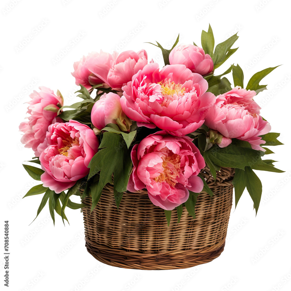 Front view of a beautiful looking bouquet of peony flowers isolated on a white transparent background 