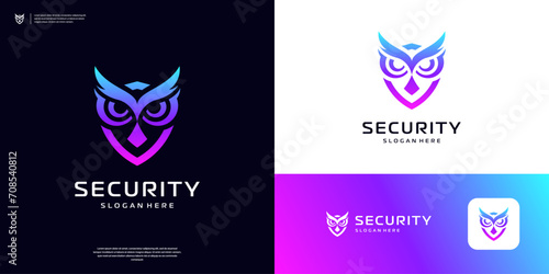 Owl shield logo design inspiration. Gradient cyberspace, security, protection logo template