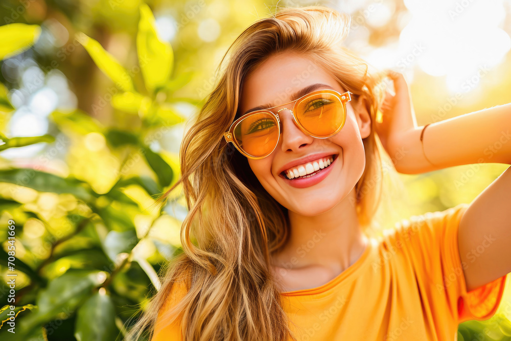 Radiant young woman with sunglasses smiling joyfully in a sunny summer outdoor setting surrounded by nature. Radiant young woman with sunglasses smiling joyfully in a sunny summer outdoor setting surrounded by nature.