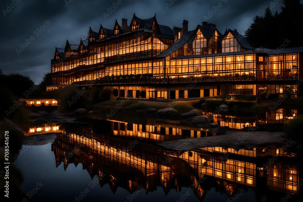 A reflective shot of a river hotel at dusk, with the lights inside casting a warm glow and creating a serene and inviting atmosphere.