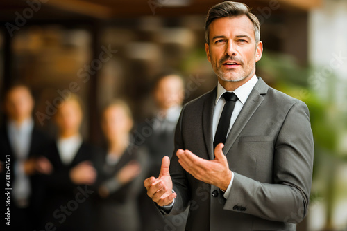 Confident businessman in suit speaking with a team of blurred colleagues in the background in a corporate setting.