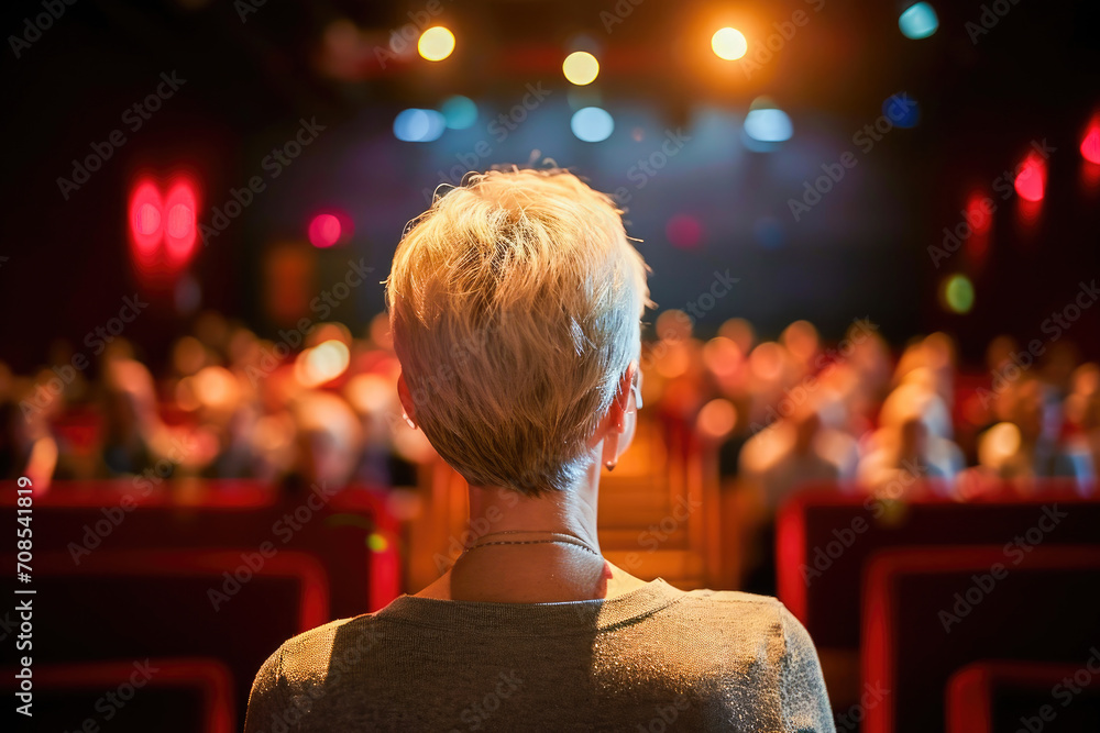 A woman watches a live performance or event, sitting in a theater audience with stage lights visible ahead. - obrazy, fototapety, plakaty 