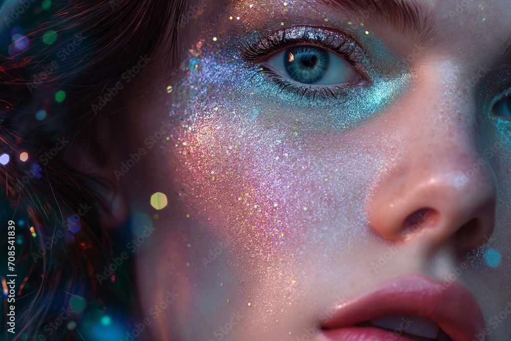 Close up view of young woman with exquisite makeup, face is covered with glitter and sparkles - obrazy, fototapety, plakaty 