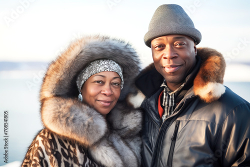 Middle-aged African-American couple is standing in warm jackets and hats outdoors. Generated by AI.