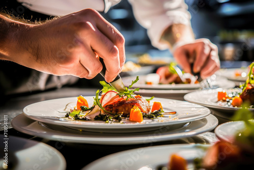 Professional chef carefully garnishes a gourmet dish in a busy restaurant kitchen, focusing on elegant presentation.