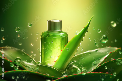 A mockup of a transparent bottle for cosmetics with fresh juicy aloe leaves. Generated AI photo