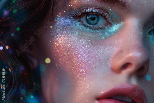 Close up view of young woman with exquisite makeup, face is covered with glitter and sparkles photo