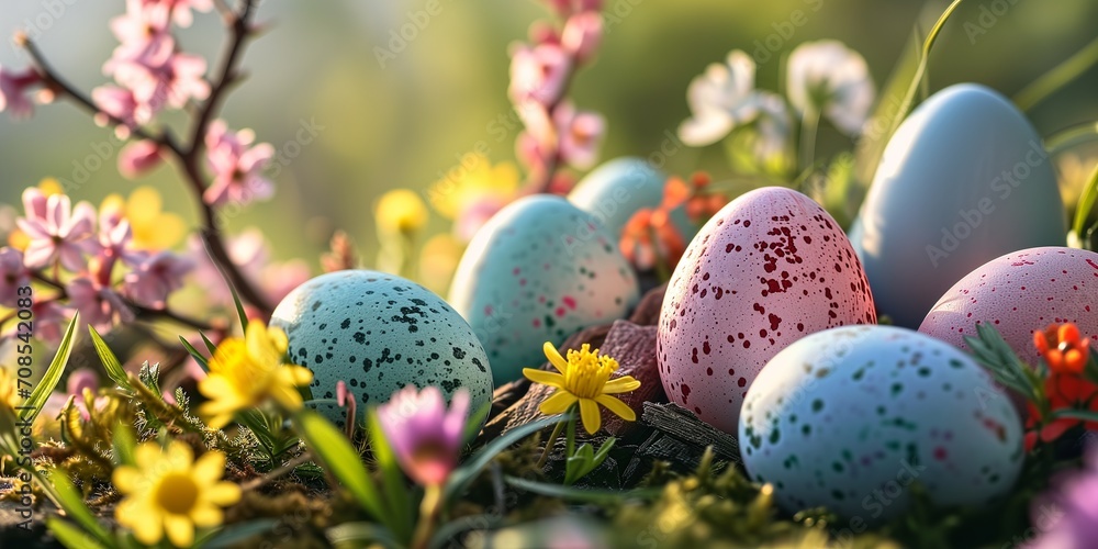 Colorful easter eggs and spring flowers