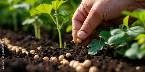 Close-up Hand planting beans seed in the vegetable garden. Growing vegetables photo