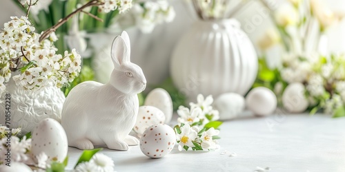Easter table with easter eggs and spring flowers and and a porcelain white figurine of a rabbit