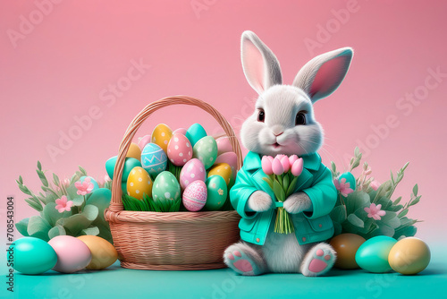 Portrait of a funny hare wearing a mint green leather jacket and painted Easter eggs on a pink background.