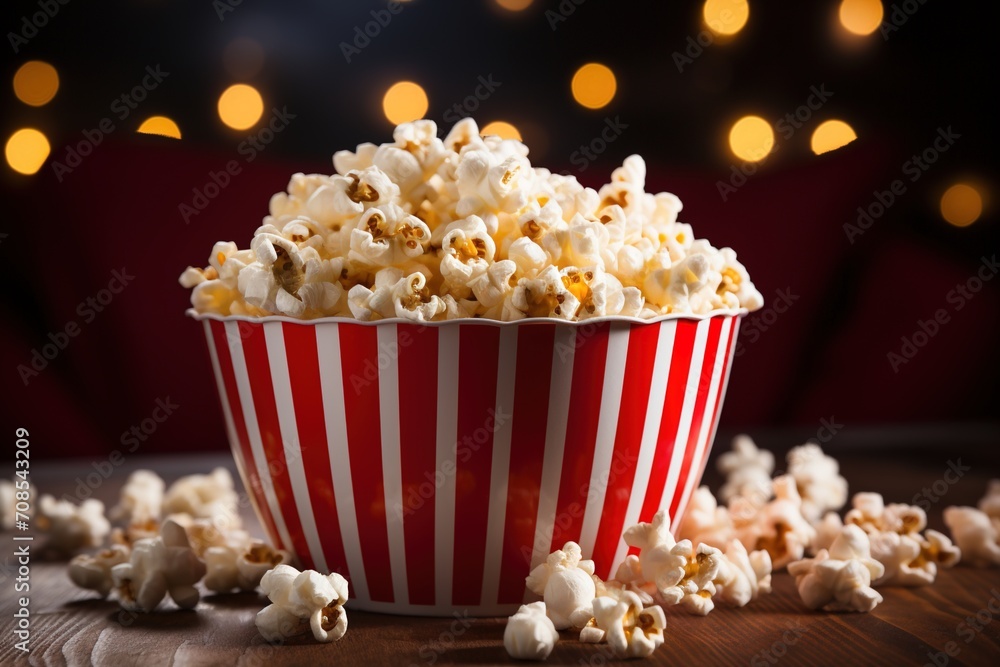 A red and white striped bucket of popcorn with a blurred background of lights A red and white striped bucket of popcorn with a blurred background of lights