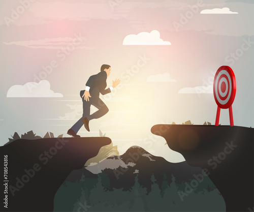 Young man or businessman with determination rushes to conquer success, concept vector illustration, effort towards goal.