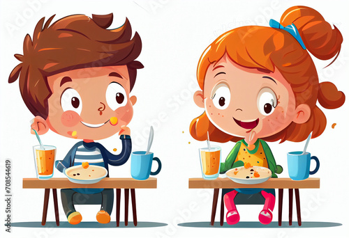 Cartoon illustration, a boy and a girl have breakfast, eat sitting at the table. Isolated on a white background. AI generated.
