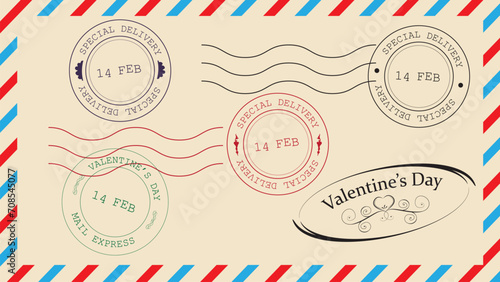 Set of postal stamps Valentine's day. Vintage envelope