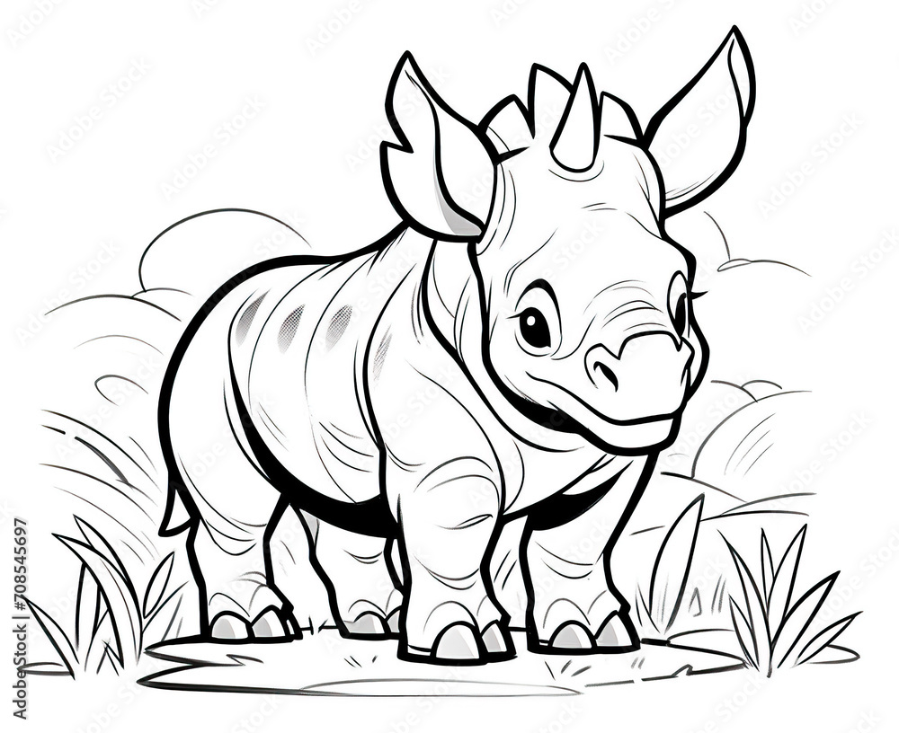 Fototapeta premium Black and white illustration for coloring animals, rhinoceros.