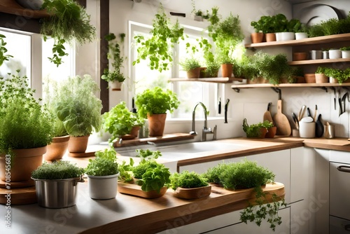 A kitchen counter with a variety of fresh herbs in pots, adding a touch of greenery to the cooking space.