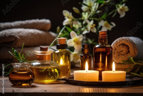 Spa salon objects - aroma oil bottles and candles on table top.