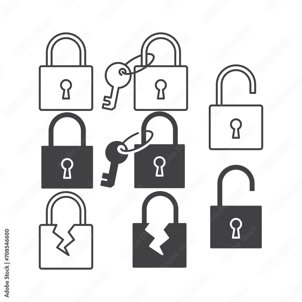 Set of padlock key. Vector outline icon template illustration Set of padlock key. Vector outline icon template illustration