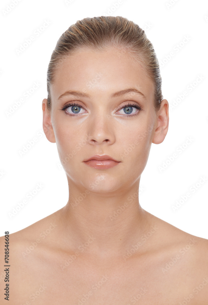 Fototapeta premium Woman, portrait or beauty with cosmetics in studio for glowing face, wellness and dermatology or serious. Model, person or confidence with skincare, collagen or makeup on white background and topless