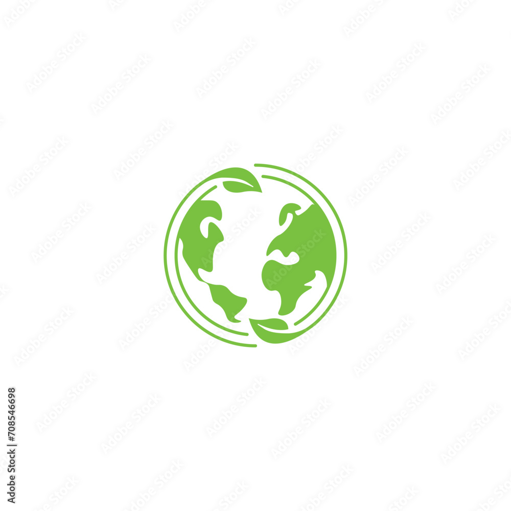 Green earth planet concept, globe with leafs. Vector icon outline template
