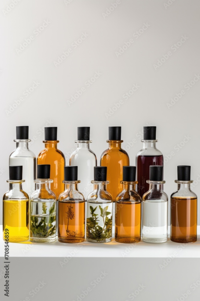 Glass bottles with aroma oil on plain coloured background. Glass bottles with aroma oil on plain coloured background.