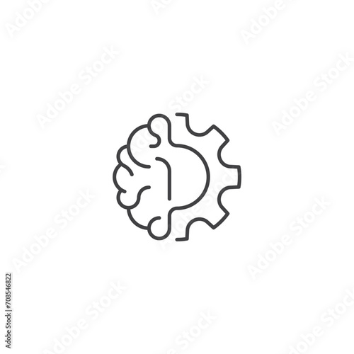 Brain with gear wheel, thinking technology. Vector icon outline template