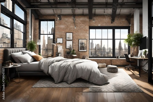 A loft apartment with city views, showcasing a bed dressed in urban-chic sheets.