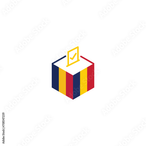 Chad or Romania election concept, democracy, voting ballot box with flag. Vector icon illustration