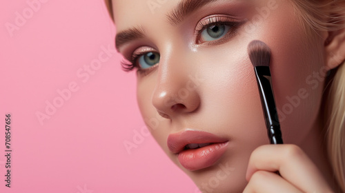 Close-up of the face of a young blond woman applying blush or powder to her face with a brush. Beauty shot. photo