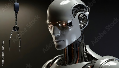 3D image of a full bodied or a man robot, half face of man half face of a robot, mechanical robot that looks like a man, wires of the robot, driving crane, dark, hyper realistic, super detailed, intri