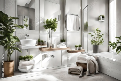 A stylish and well-lit washroom corner, showcasing neatly folded towels and a decorative plant. © pick pix