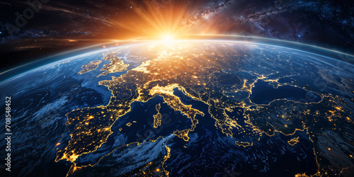 Planet Earth with a digital map, concept of European network and connectivity, international data transfer and cyber technology, worldwide business, information exchange