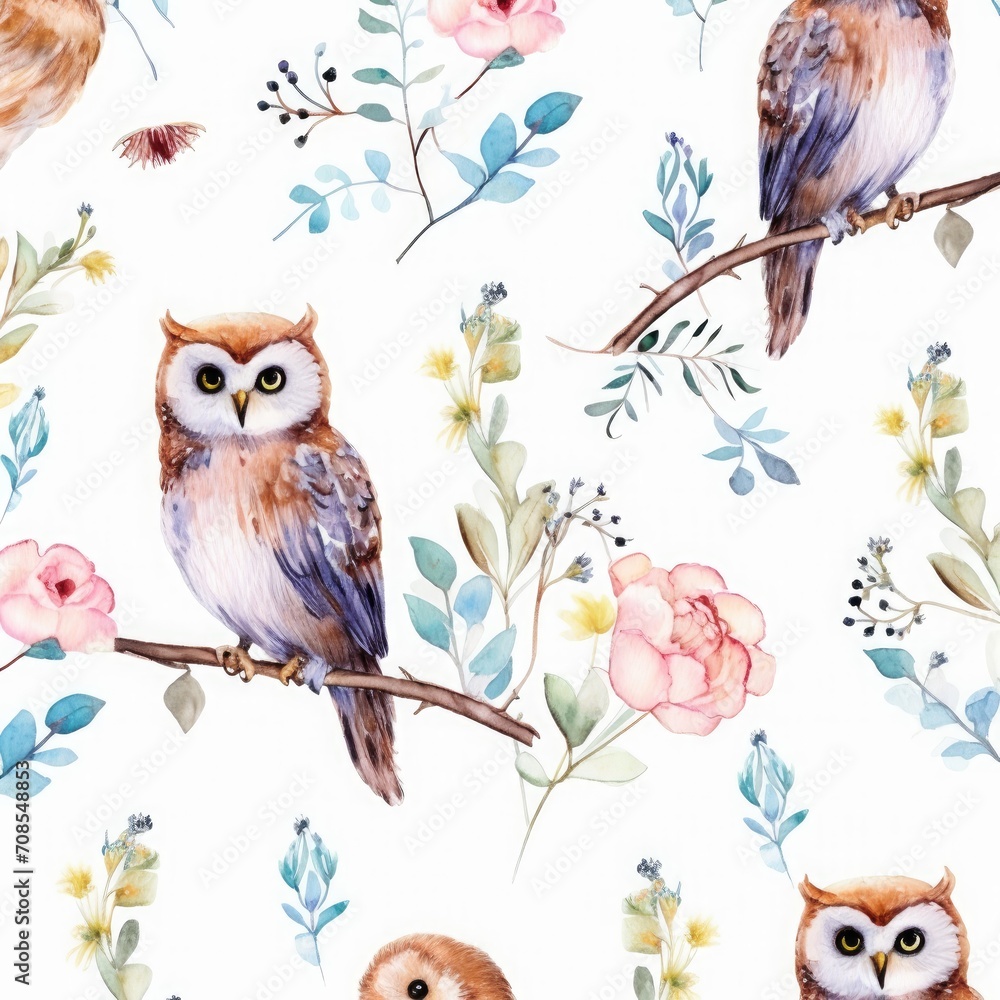 Adorable and pretty owls pattern with flowers and leaves on watercolor background.
