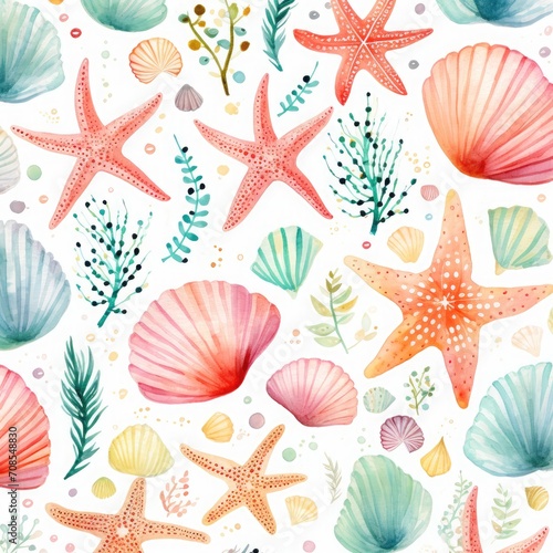 Adorable and pretty sea pattern with shells and starfishes on watercolor background.