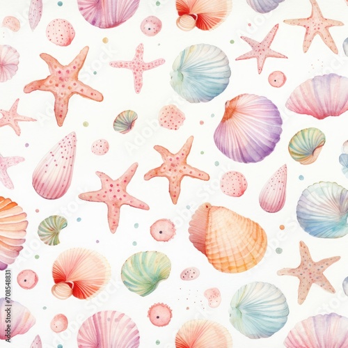 Adorable and pretty sea pattern with shells and starfishes on watercolor background.