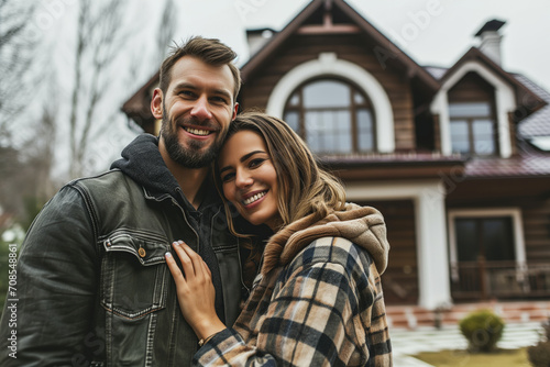 Happy Couple Standing in Front of Newly Built House, Expressing Joy and Satisfaction